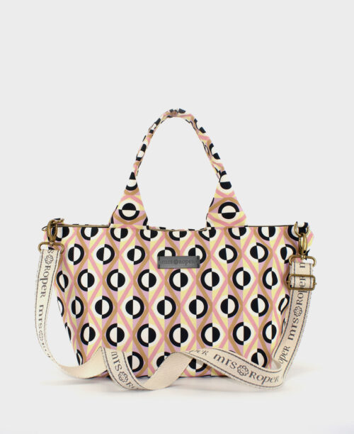 Bolso de hombro de mujer, realizado en tejido reciclado RPET con estampado geométrico de rombos en color blanco, negro, beige y rosa de la marca Mrs. Roper.