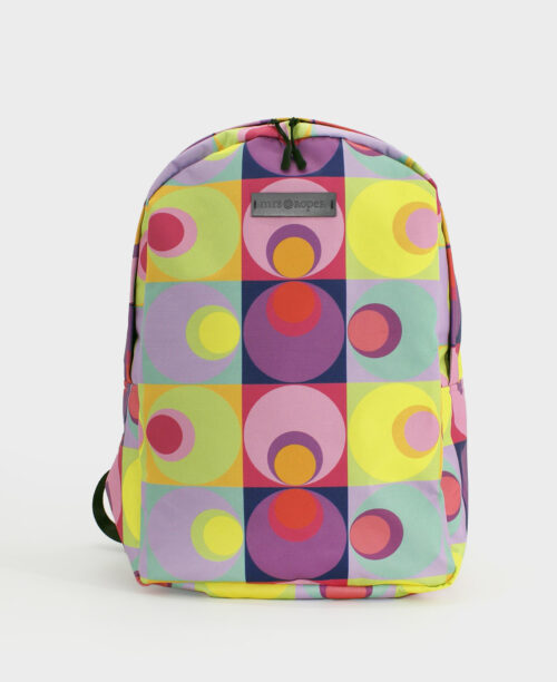 Mochila con estampado geométrico de círculos multicolor, de la marca mrs Roper.