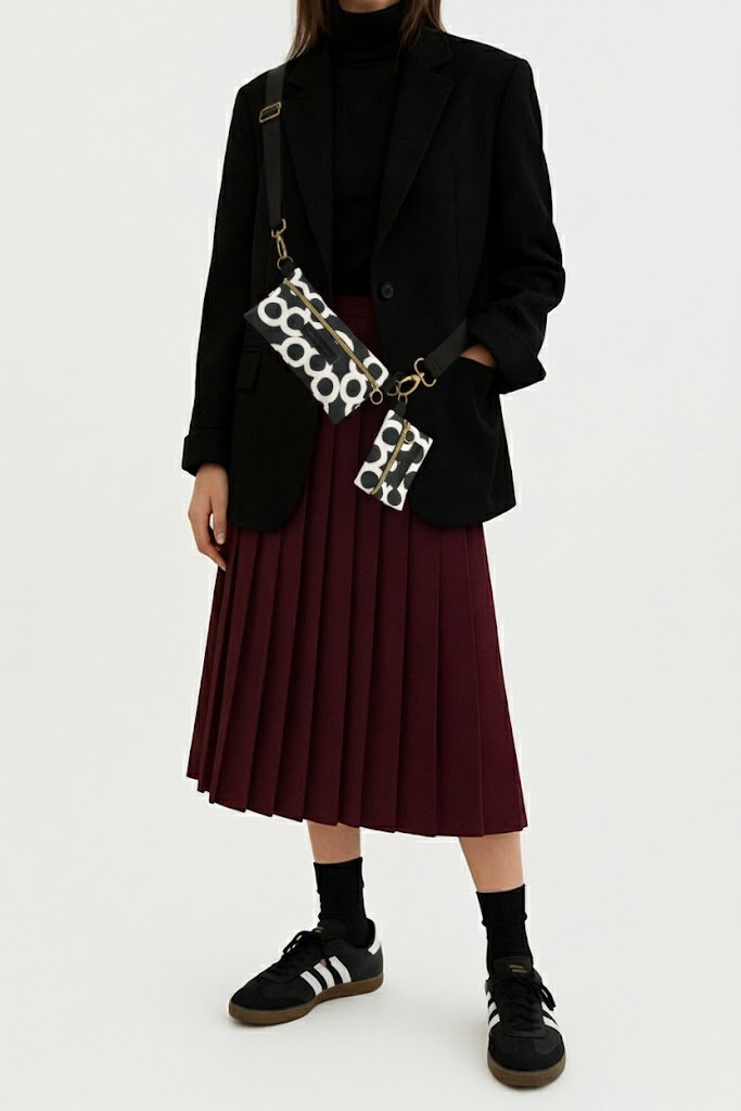 Bolso pequeño con monedero de mujer Dúo con estampado geométrico en blanco y negro, realizado en tejido RPET de la marca mrs Roper.