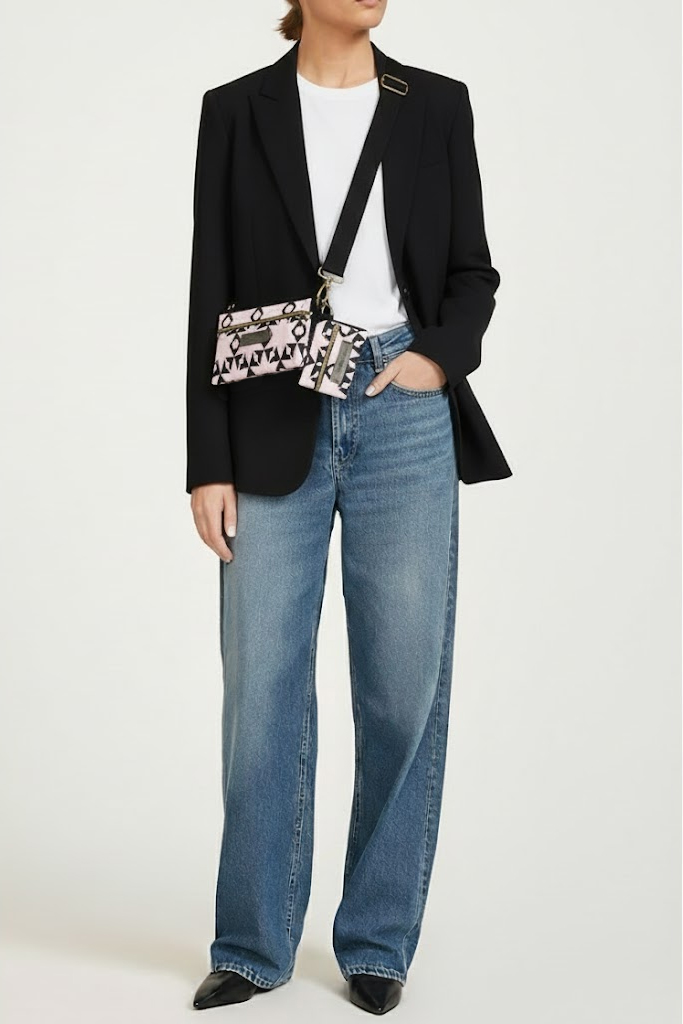 Bolso pequeño con monedero de mujer Dúo con estampado geométrico de estrellas negro y lila, realizado en tejido RPET de la marca mrs Roper.
