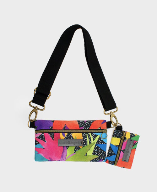 Bolso pequeño con monedero de mujer Dúo con estampado multicolor de flores, hecho con tejido reciclado de la marca mrs Roper.