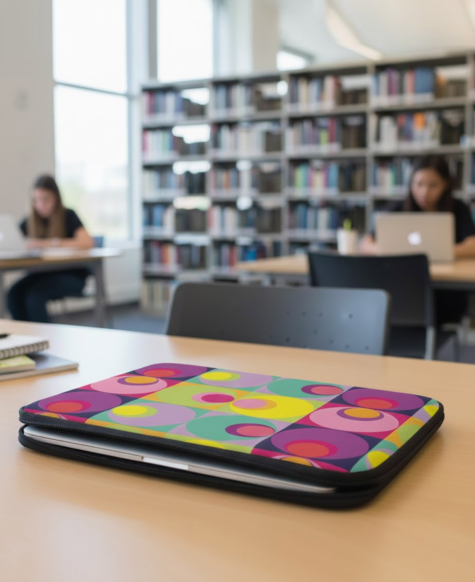 Funda de ordenador con estampado geométrico de círculos multicolor, hecha en neopreno de la marca mrs Roper.