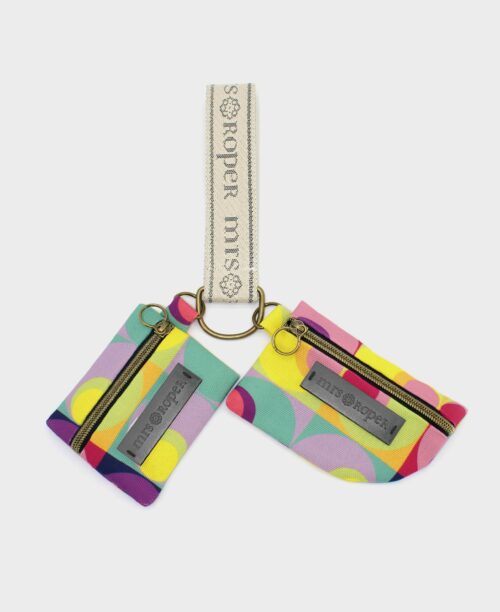 Llavero monedero pequeño doble de mujer hecho de tejido reciclado RPET con estampado de círculos multicolor de la marca Mrs. Roper.