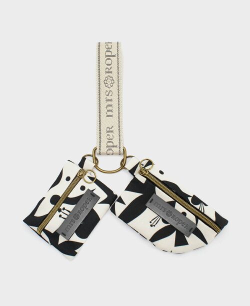 Llavero monedero pequeño doble de mujer hecho de tejido reciclado RPET con estampado de pájaros en blanco y negro de la marca Mrs. Roper.